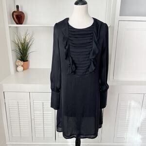 Reiss Black Silk Pleated Ruffle Bib Long Sleeve Mini Dress Size 4